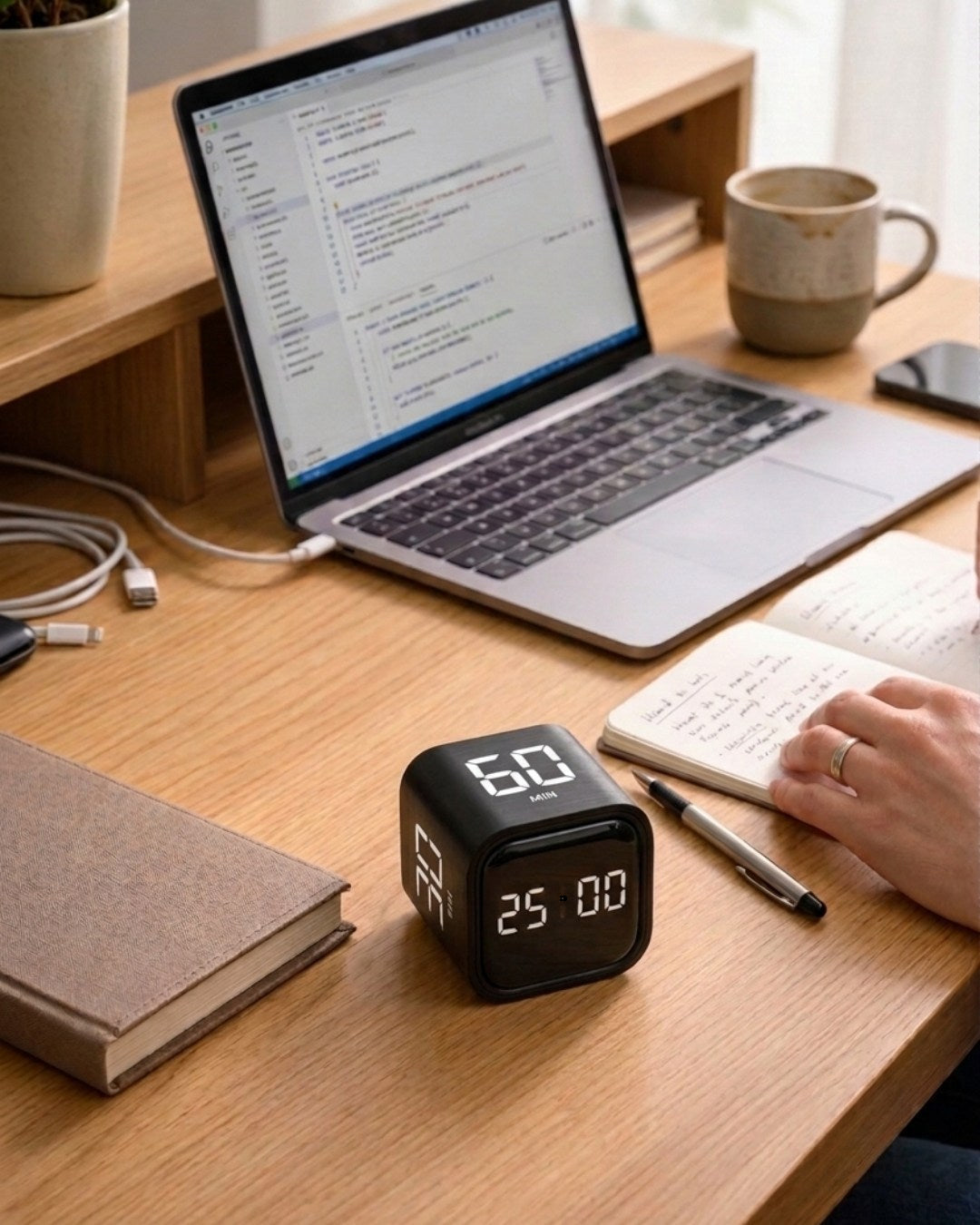 Cube clock on a desk with a laptop and person working